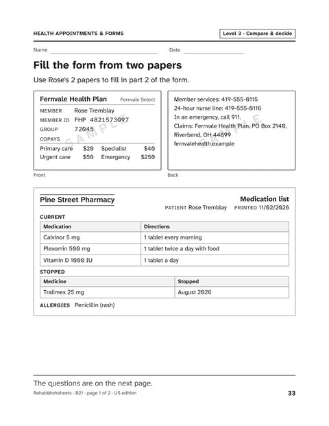 Health Appointments & Forms worksheet 21: Fill the form from two papers