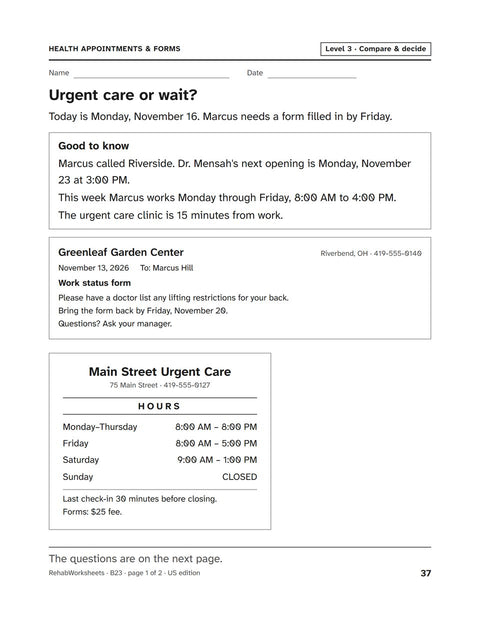 Health Appointments & Forms worksheet 23: Urgent care or wait?