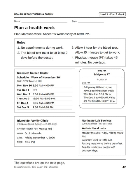 Health Appointments & Forms worksheet 25: Plan a health week