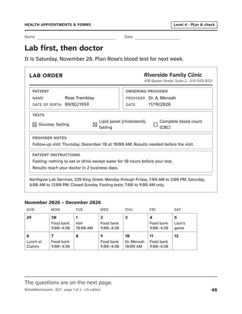 Health Appointments & Forms worksheet 27: Lab first, then doctor