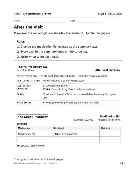 Health Appointments & Forms worksheet 28: After the visit