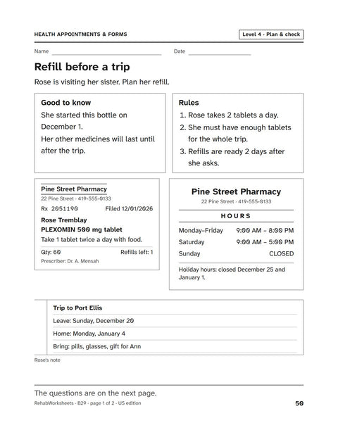 Health Appointments & Forms worksheet 29: Refill before a trip