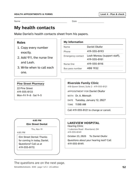 Health Appointments & Forms worksheet 30: My health contacts