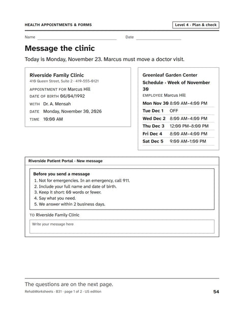 Health Appointments & Forms worksheet 31: Message the clinic
