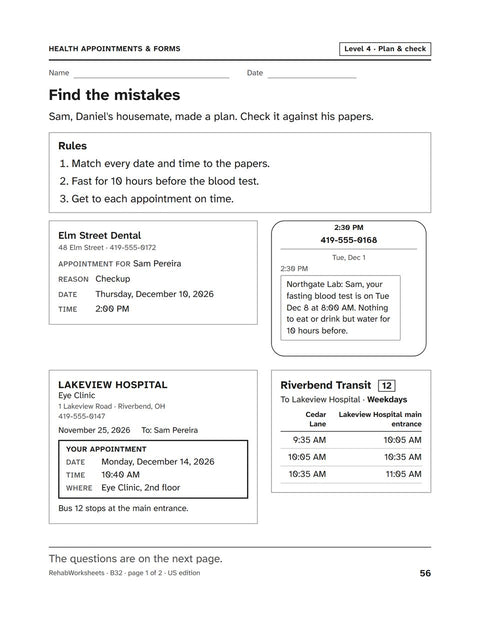 Health Appointments & Forms worksheet 32: Find the mistakes