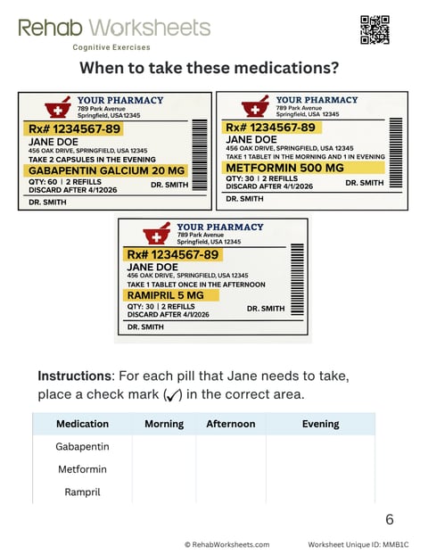 Medication management worksheet 3: When to take each medication