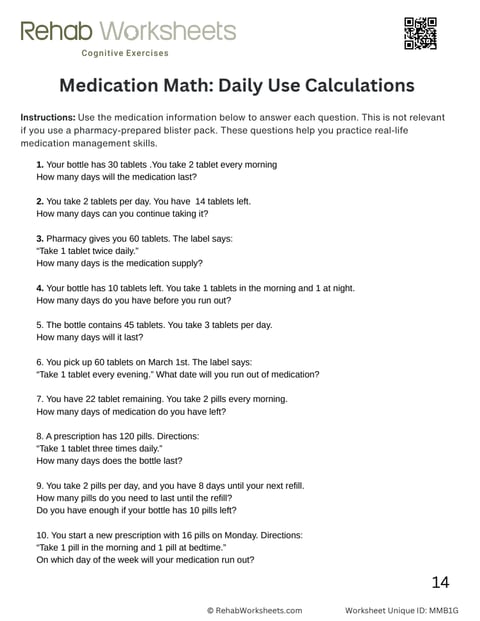 Medication management worksheet 7: Medication math