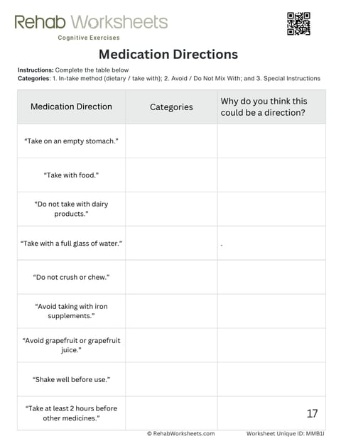 Medication management worksheet 9: Medication directions