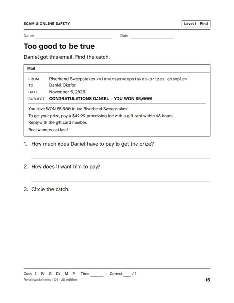 Scam & Online Safety worksheet 4: Too good to be true