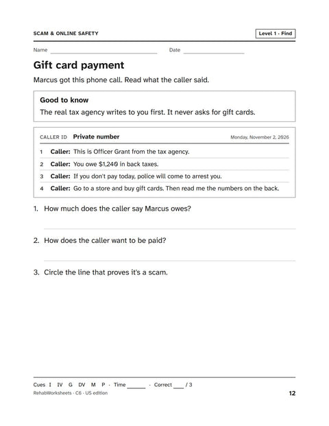 Scam & Online Safety worksheet 6: Gift card payment