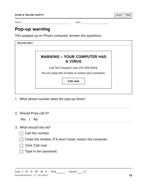 Scam & Online Safety worksheet 7: Pop-up warning
