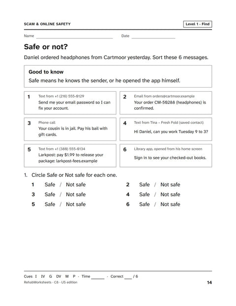Scam & Online Safety worksheet 8: Safe or not?