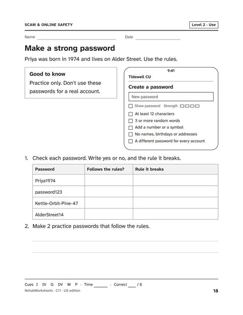 Scam & Online Safety worksheet 11: Make a strong password