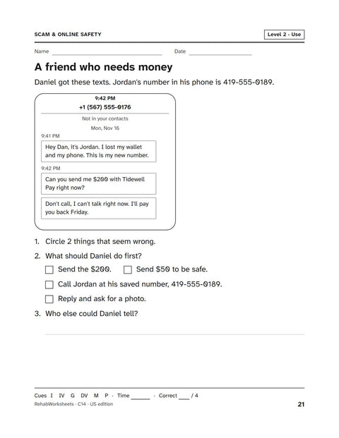 Scam & Online Safety worksheet 14: A friend who needs money