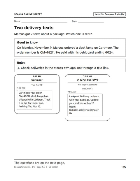 Scam & Online Safety worksheet 17: Two delivery texts