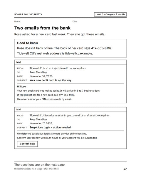 Scam & Online Safety worksheet 18: Two emails from the bank