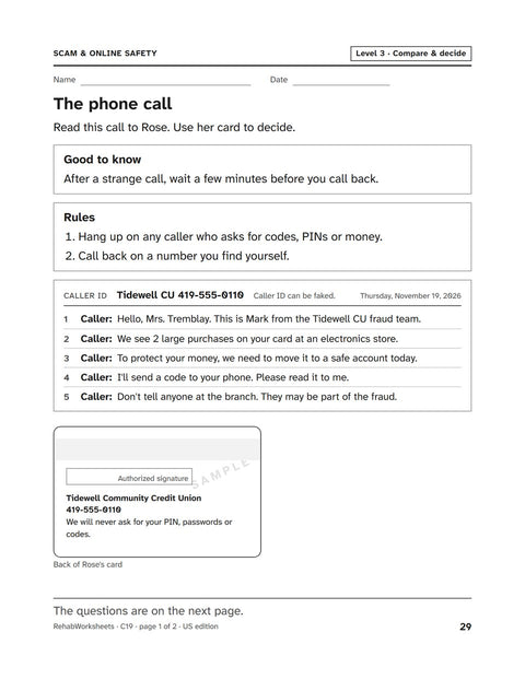 Scam & Online Safety worksheet 19: The phone call