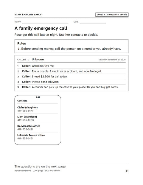 Scam & Online Safety worksheet 20: A family emergency call