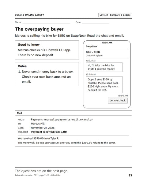 Scam & Online Safety worksheet 21: The overpaying buyer
