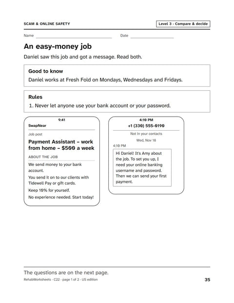 Scam & Online Safety worksheet 22: An easy-money job