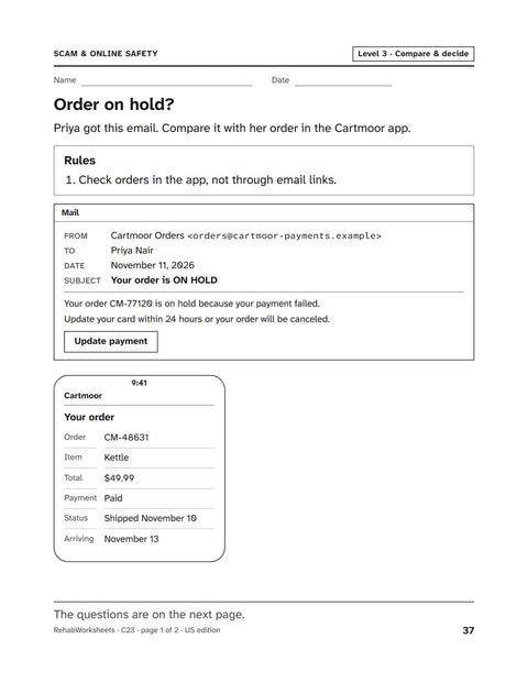 Scam & Online Safety worksheet 23: Order on hold?