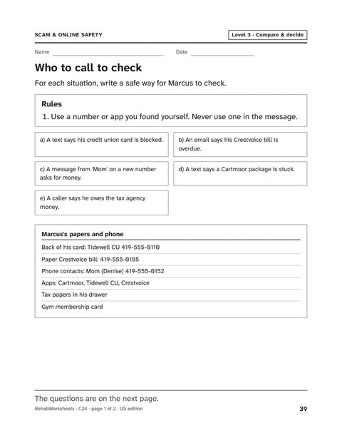 Scam & Online Safety worksheet 24: Who to call to check