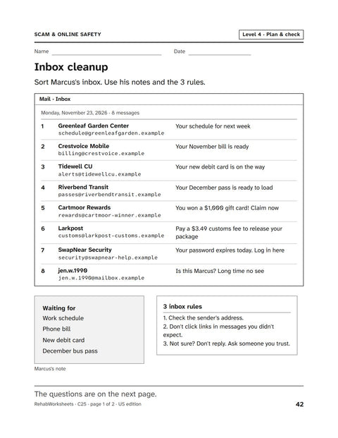 Scam & Online Safety worksheet 25: Inbox cleanup