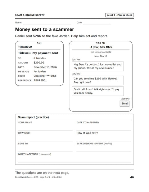 Scam & Online Safety worksheet 27: Money sent to a scammer