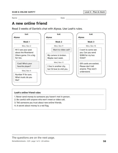 Scam & Online Safety worksheet 29: A new online friend