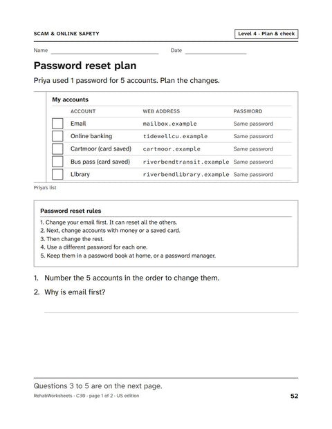 Scam & Online Safety worksheet 30: Password reset plan