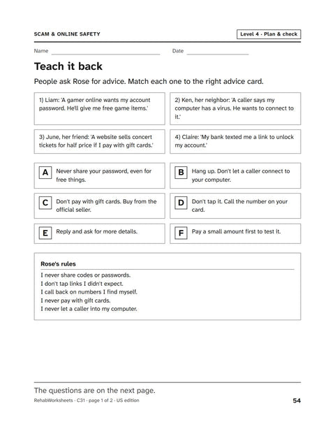 Scam & Online Safety worksheet 31: Teach it back