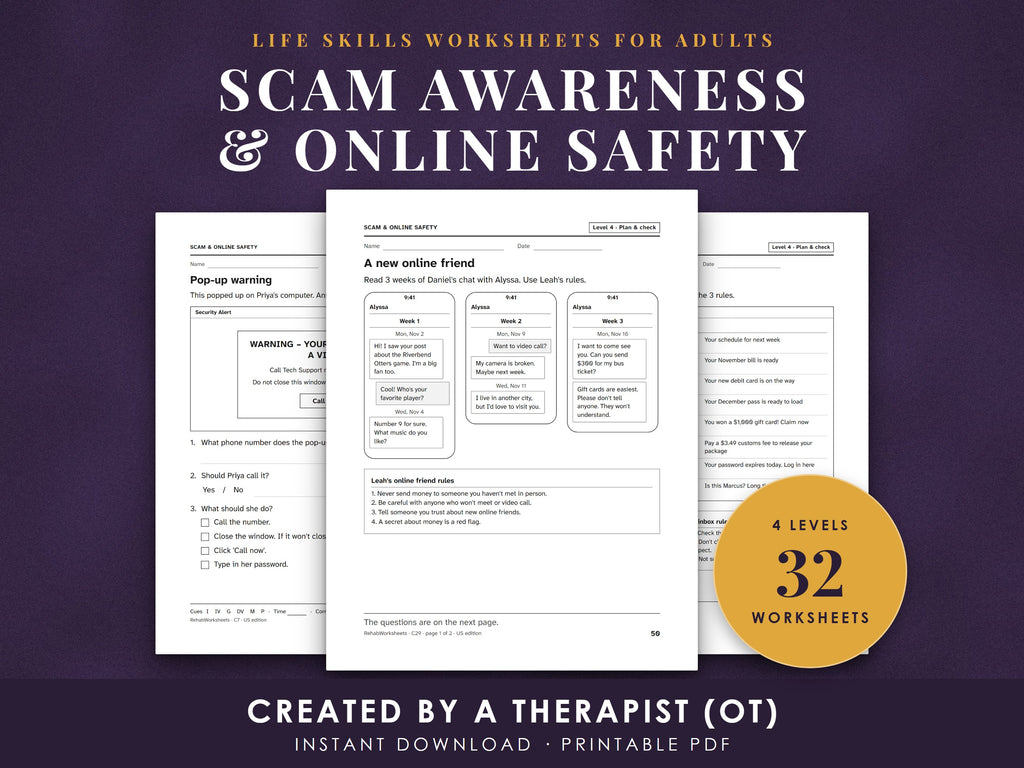 Life skills worksheets for adults, scam awareness and online safety: three real pages from the pack, a fake virus pop-up, three weeks of chat with a new online friend, and an email inbox to sort