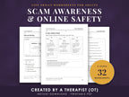 Life skills worksheets for adults, scam awareness and online safety: three real pages from the pack, a fake virus pop-up, three weeks of chat with a new online friend, and an email inbox to sort