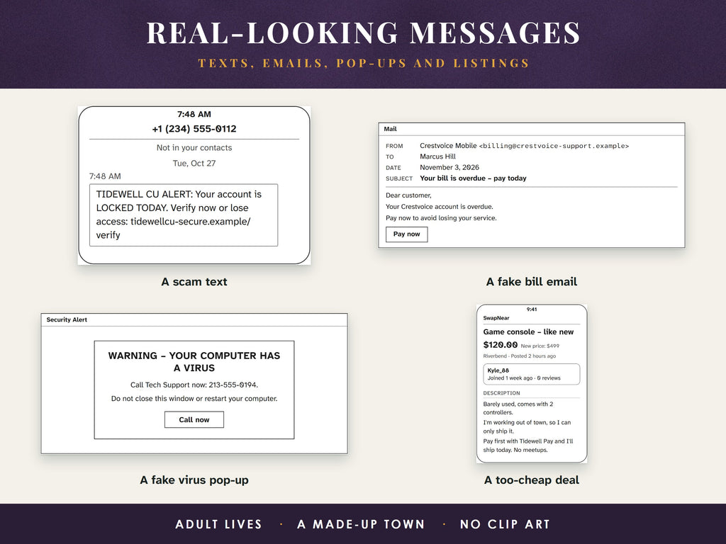 Messages used in the worksheets: a scam text, a fake bill email, a fake virus pop-up and a too-cheap marketplace listing