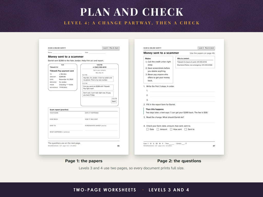 A Level 4 two-page worksheet: page 1 holds the papers and a scam report form, page 2 the questions, the change and the self-check