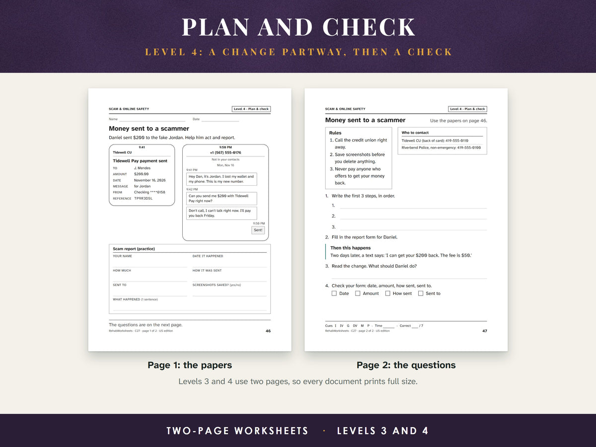 A Level 4 two-page worksheet: page 1 holds the papers and a scam report form, page 2 the questions, the change and the self-check