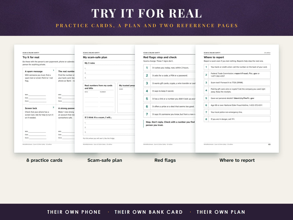 The practice cards page, the scam-safe plan template, the red flags page and the where to report page