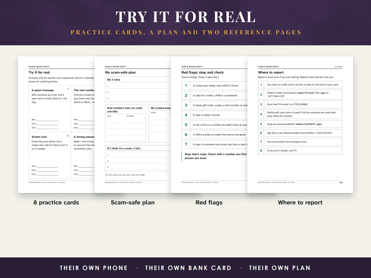 The practice cards page, the scam-safe plan template, the red flags page and the where to report page