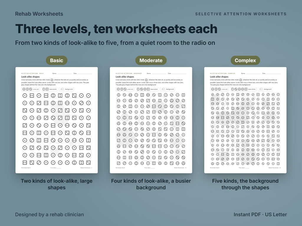 Selective attention worksheets at three levels: basic, moderate and complex pages of Look-alike shapes