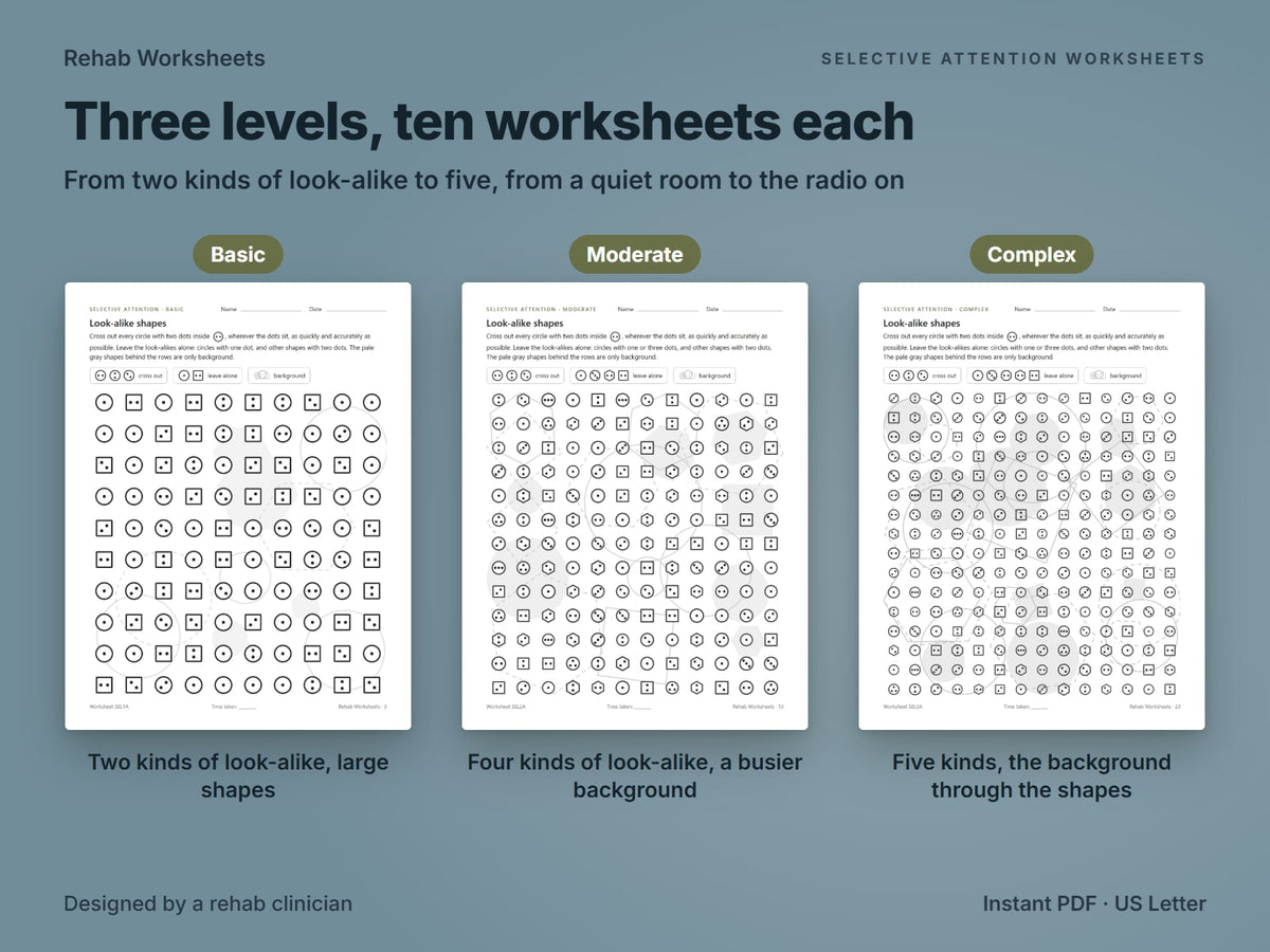 Selective attention worksheets at three levels: basic, moderate and complex pages of Look-alike shapes