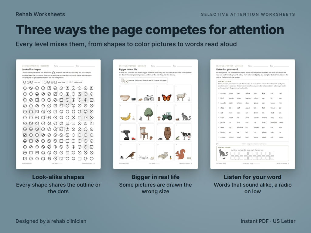 Three selective attention worksheet formats: look-alike shapes, bigger in real life, listen for your word