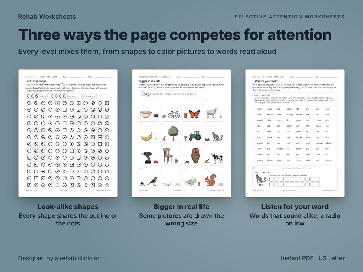 Three selective attention worksheet formats: look-alike shapes, bigger in real life, listen for your word