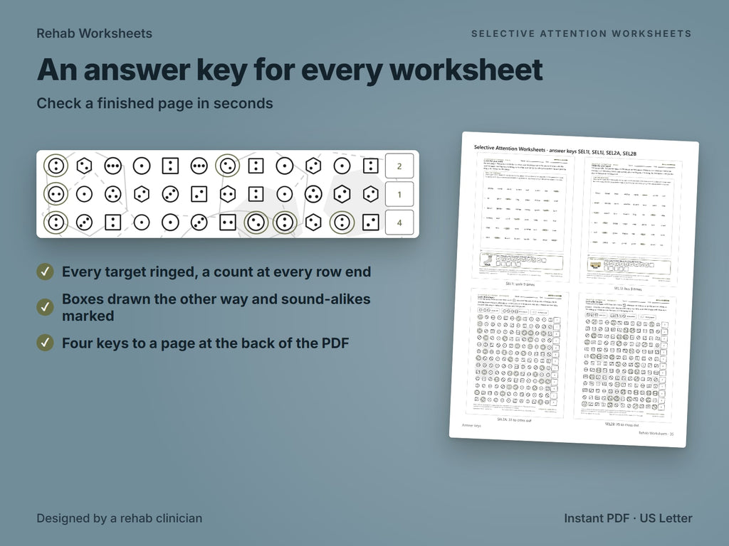 Selective attention answer key with ringed targets and row counts, beside a page of four answer keys