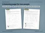 Listen for your word pages at basic and complex levels: a partner's word list above a cut line and the person's strip with a picture and boxes