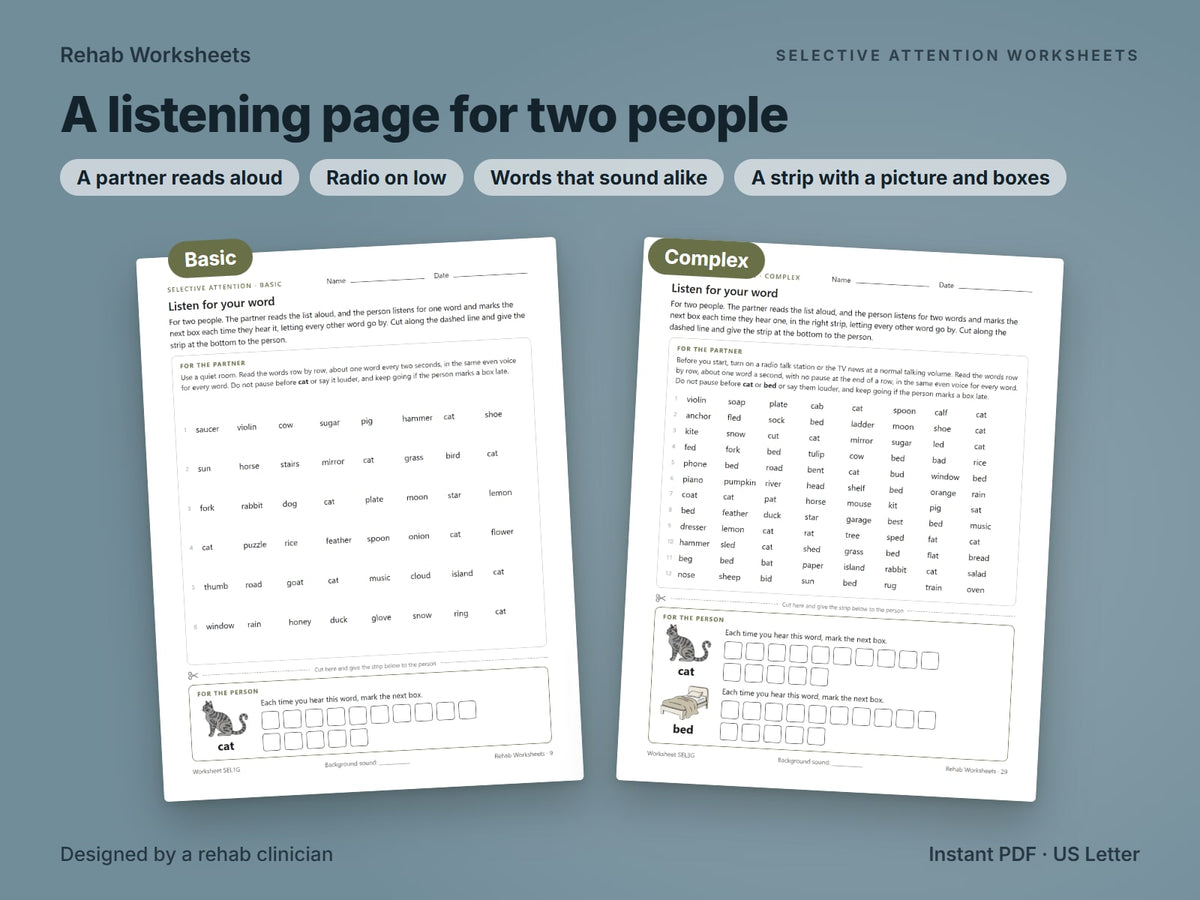 Listen for your word pages at basic and complex levels: a partner's word list above a cut line and the person's strip with a picture and boxes