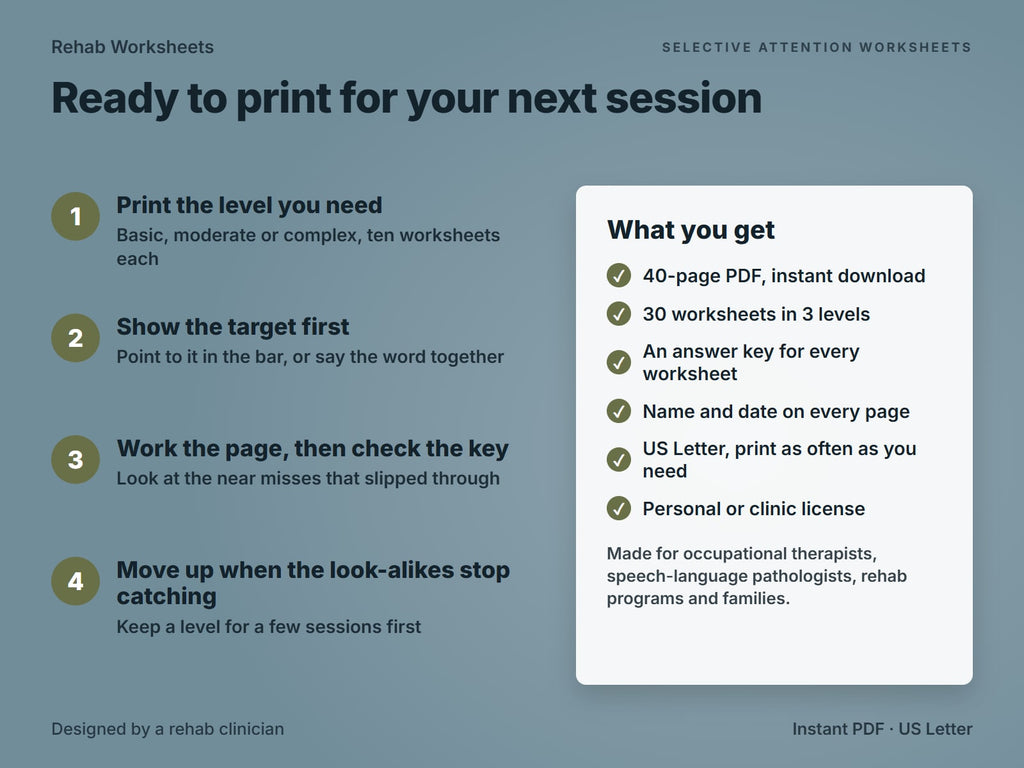 How to use the selective attention worksheets in four steps, and what the 40-page PDF includes