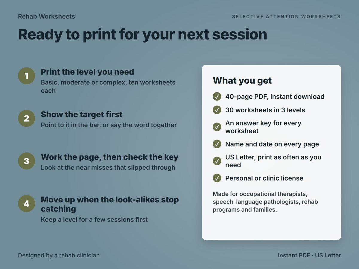 How to use the selective attention worksheets in four steps, and what the 40-page PDF includes
