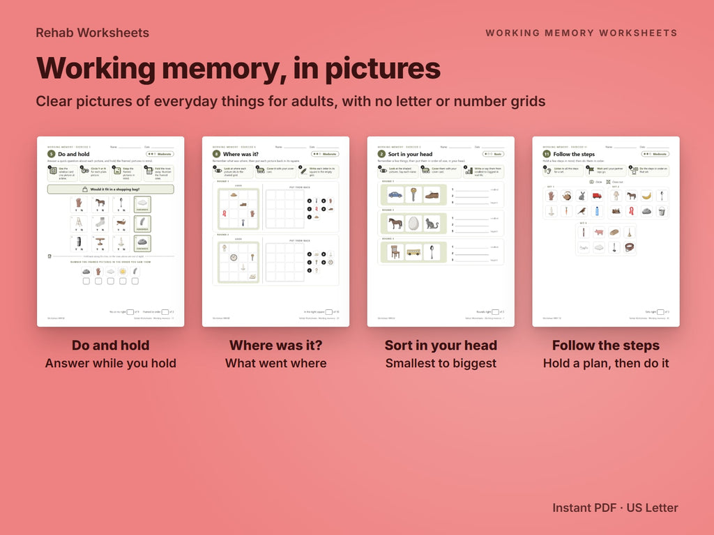 Printable working memory activities for adults: do and hold, where was it, sort in your head and follow the steps