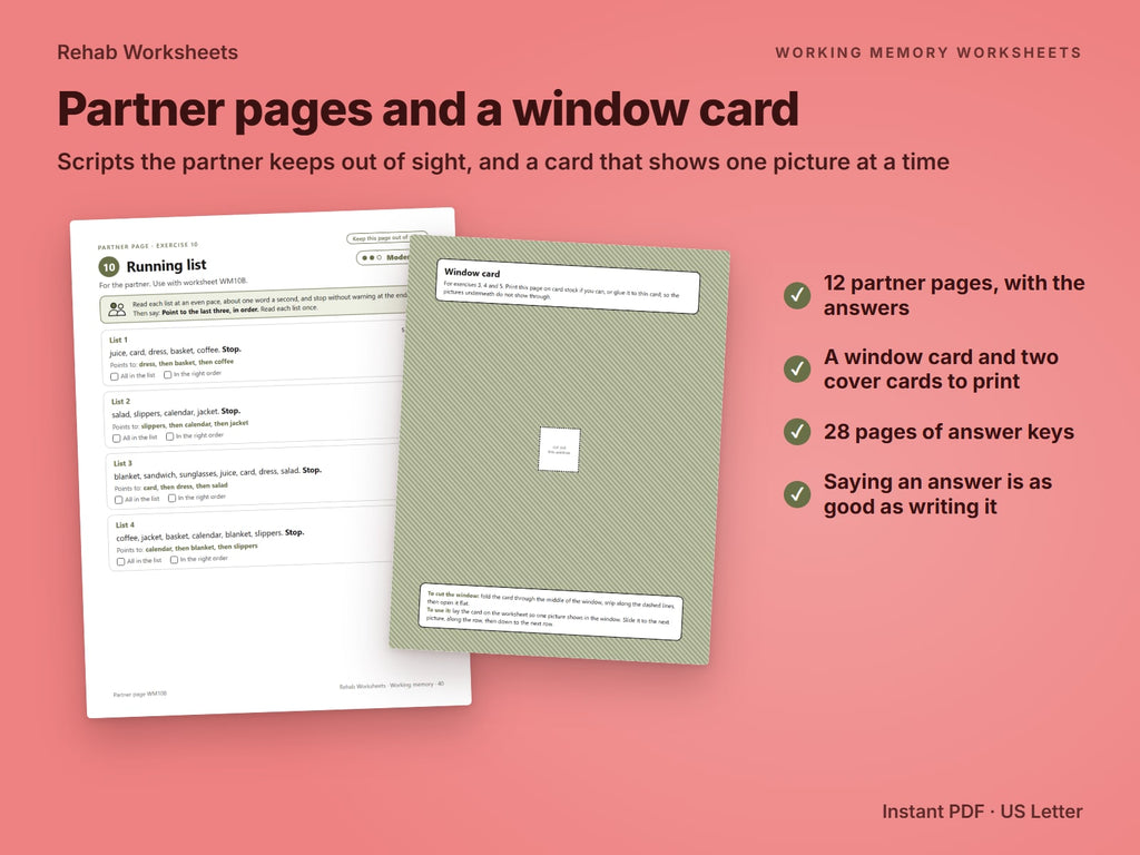 A partner page with lists to read aloud, and the window card that shows one picture at a time